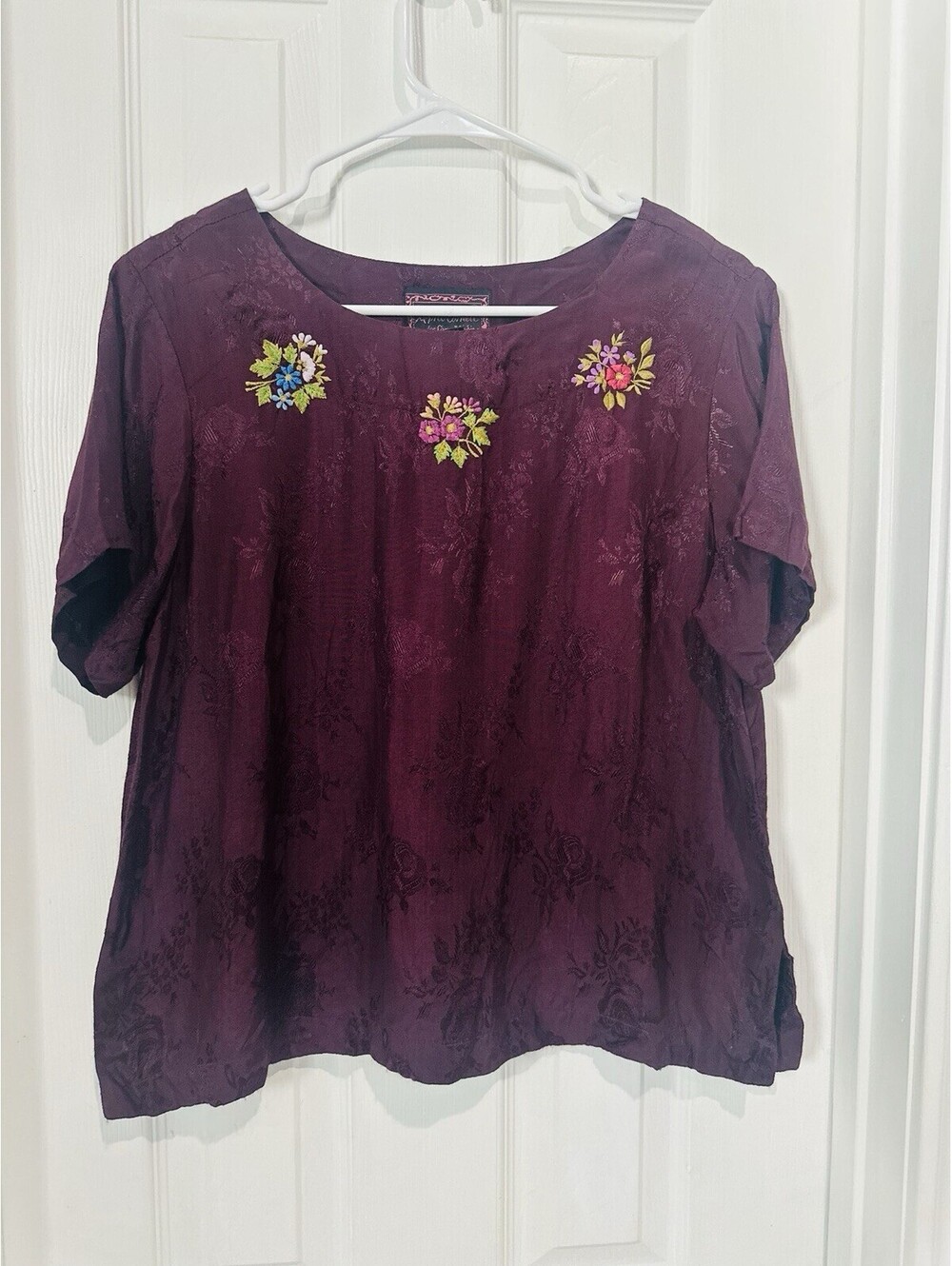 April Cornell Vintage Boho Plum Purple Textured Floral Blouse with Embroidery M